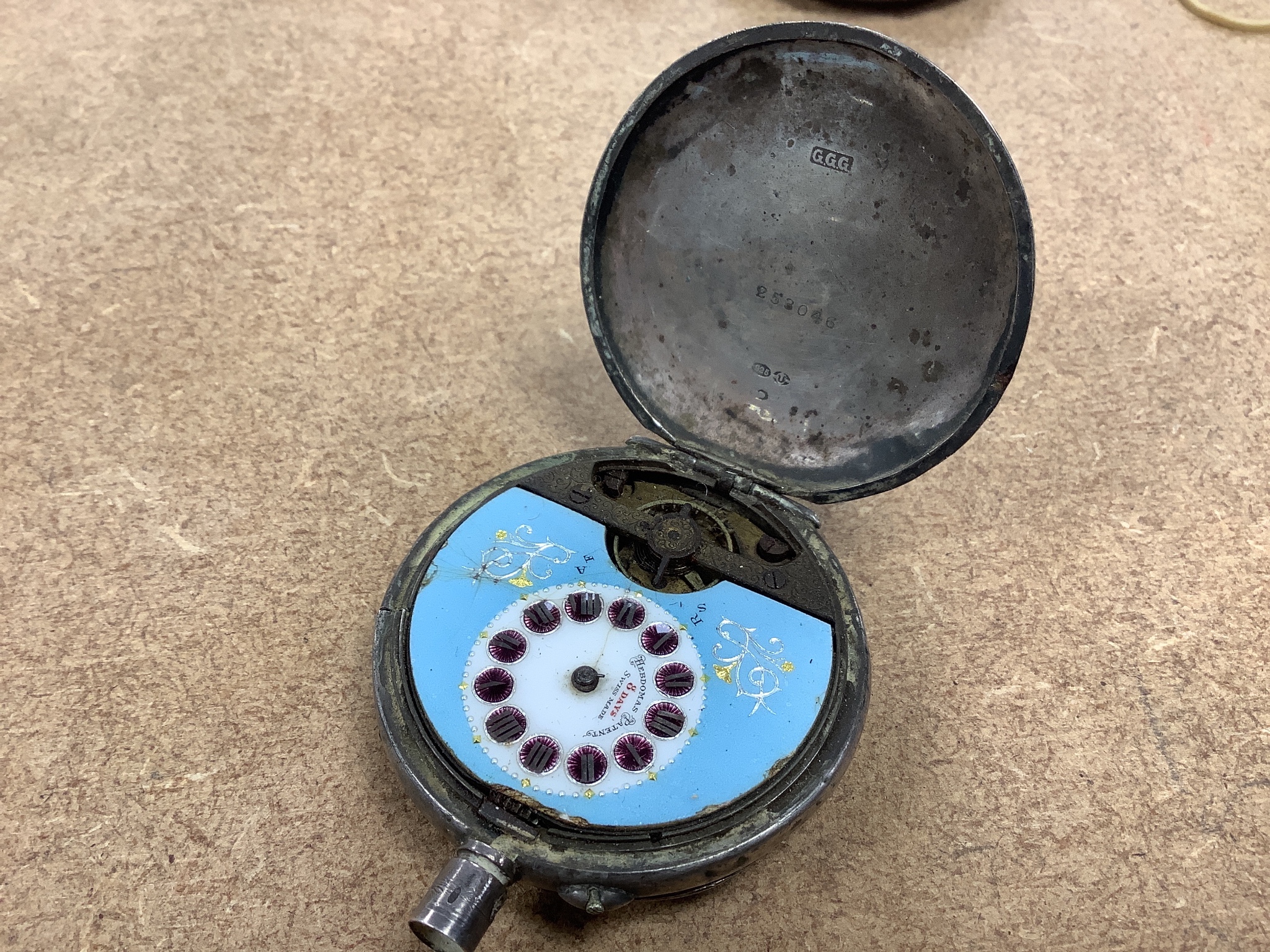 A George III silver hunter pocket watch, by Cameron, Liverpool(a.f.), two other silver pocket watches by Davies & Son & Waltham, a Swiss 935 case fob watch and a silver and enamel Hebdomas pocket watch(a.f.).